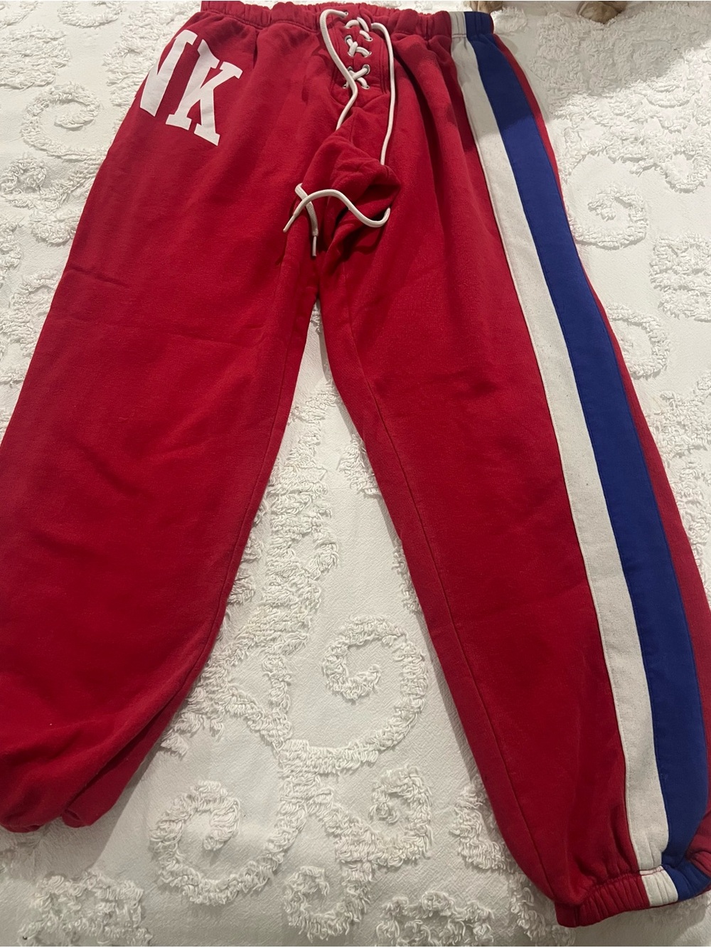 Victoria’s Secret PINK Red Varsity Lace-Up Jogger Sweatpants Side Stripe M